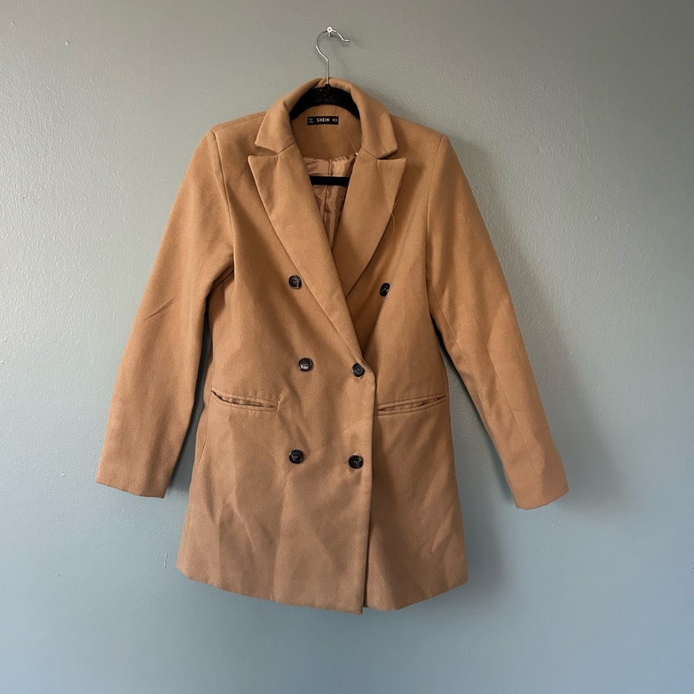 SHEIN Tan Trench Coat Double-Breasted Mid-Length